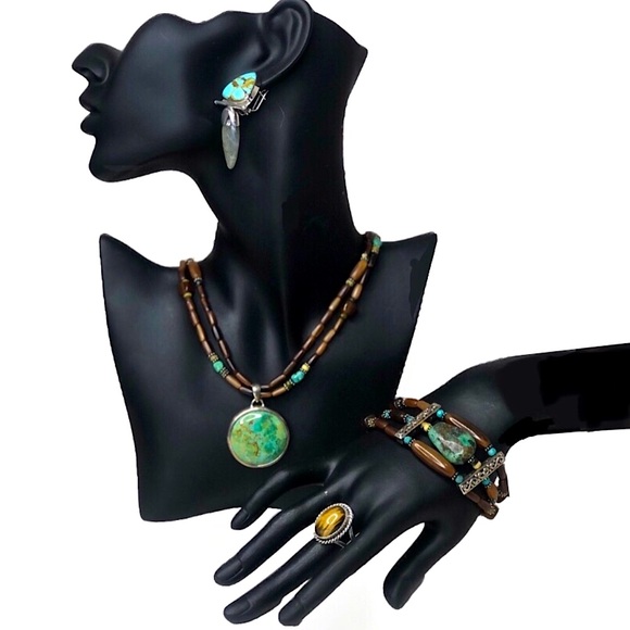 VINTAGE Sterling Silver Turquoise Labradorite Omega Back Earrings - Picture 4 of 15